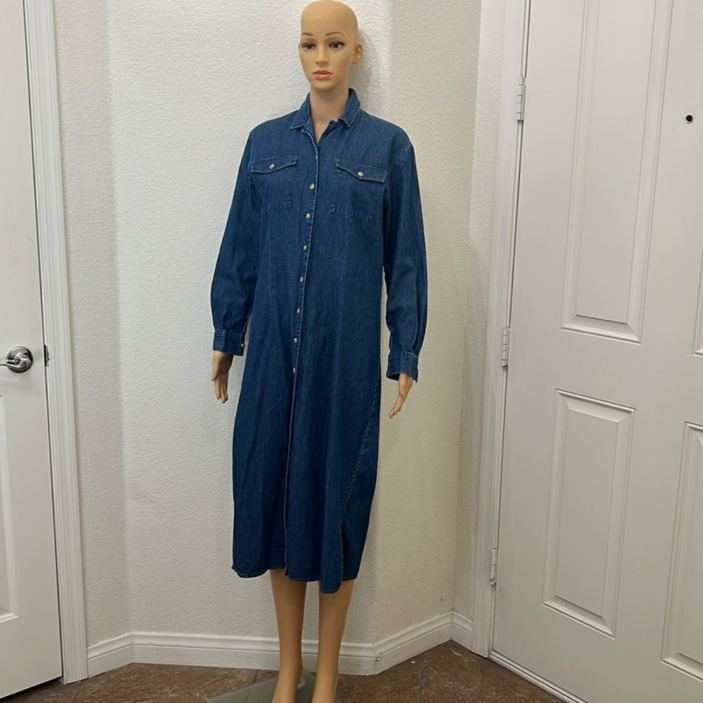 Joanna Blue Denim Dress Sz Small Button Front Long Sleeve Midi Pockets Side Slit